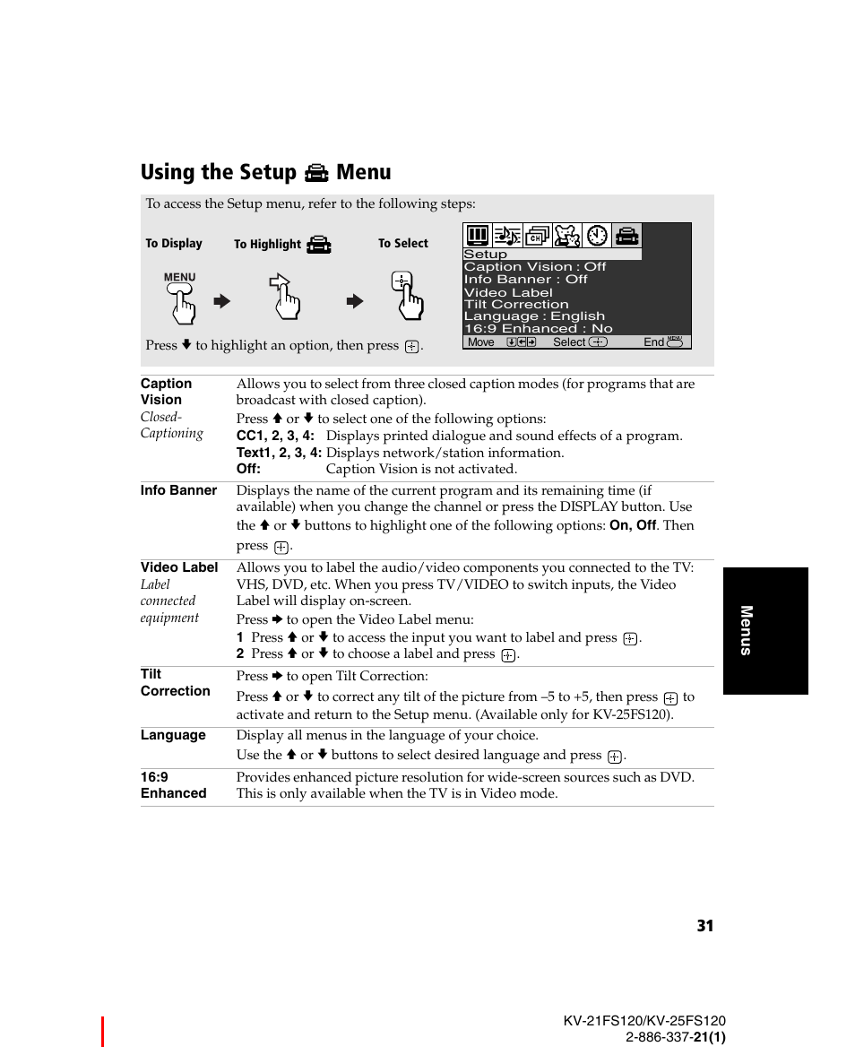 Using the setup menu, 2 press v or v to choose a label and press | Sony WEGA KV-21FS120 User Manual | Page 39 / 48