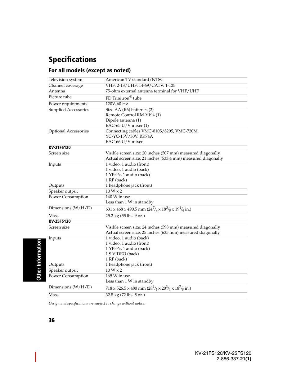 Specifications, Oth e r inf o rm a tion | Sony WEGA KV-21FS120 User Manual | Page 44 / 48