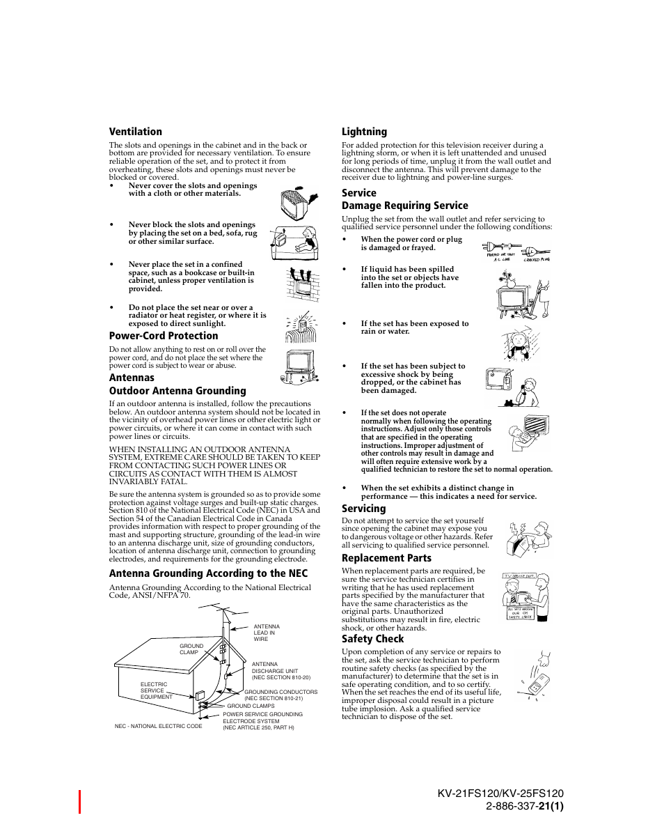 Power-cord protection, Antennas outdoor antenna grounding, Antenna grounding according to the nec | Lightning, Service damage requiring service, Servicing, Replacement parts, Safety check | Sony WEGA KV-21FS120 User Manual | Page 5 / 48