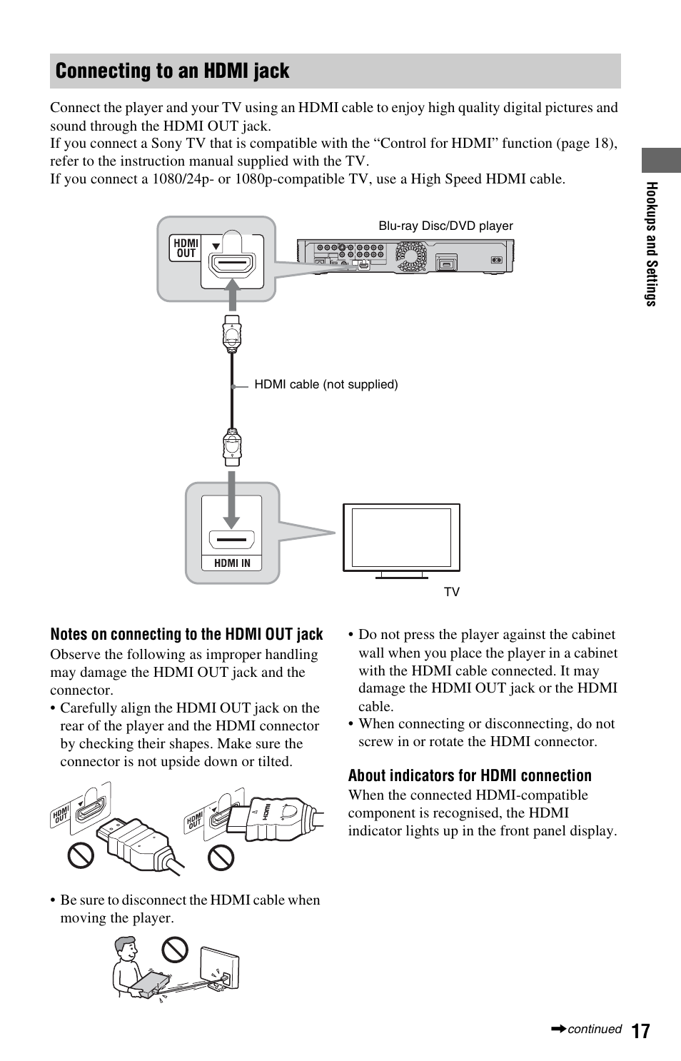 Connecting to an hdmi jack | Sony BDP-S760 User Manual | Page 17 / 87