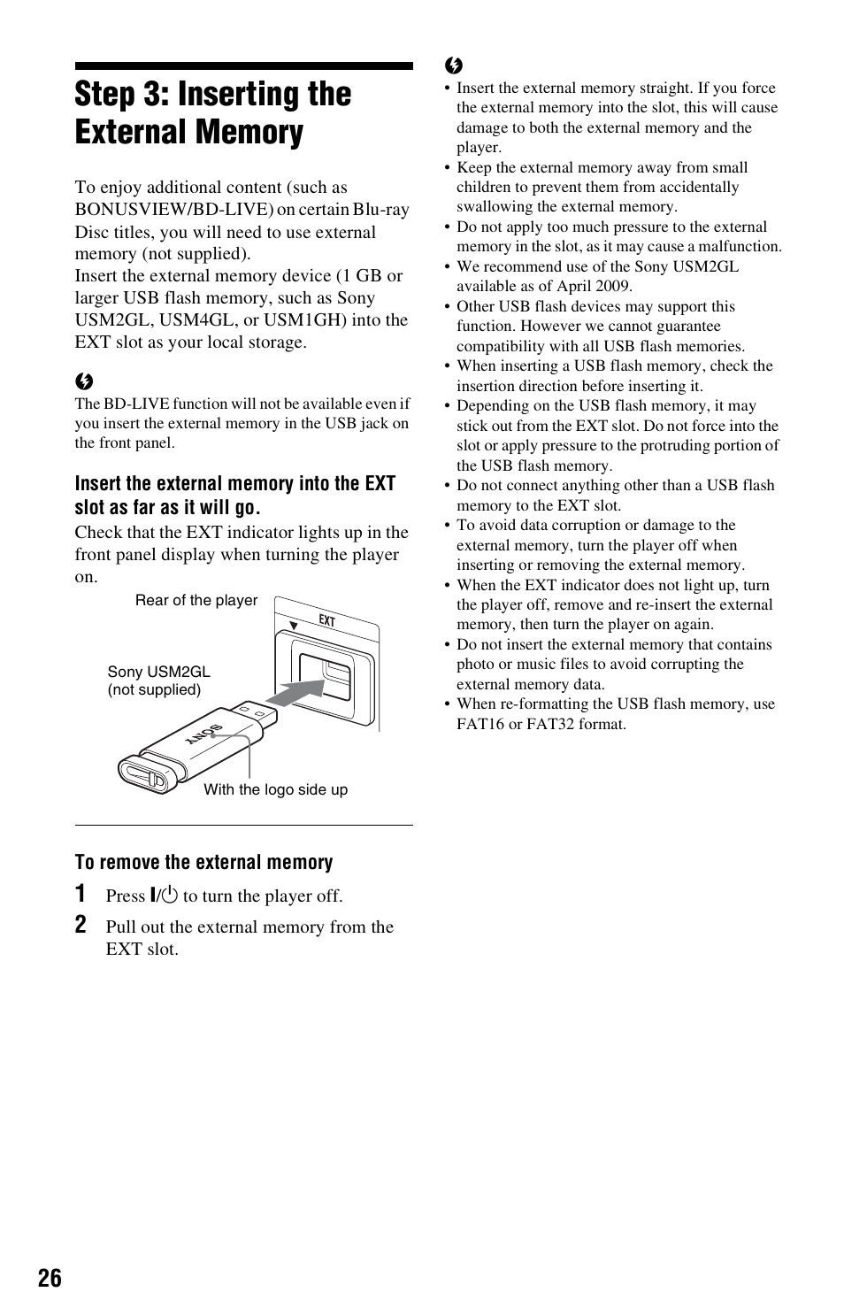 Step 3: inserting the external memory | Sony BDP-S760 User Manual | Page 26 / 87