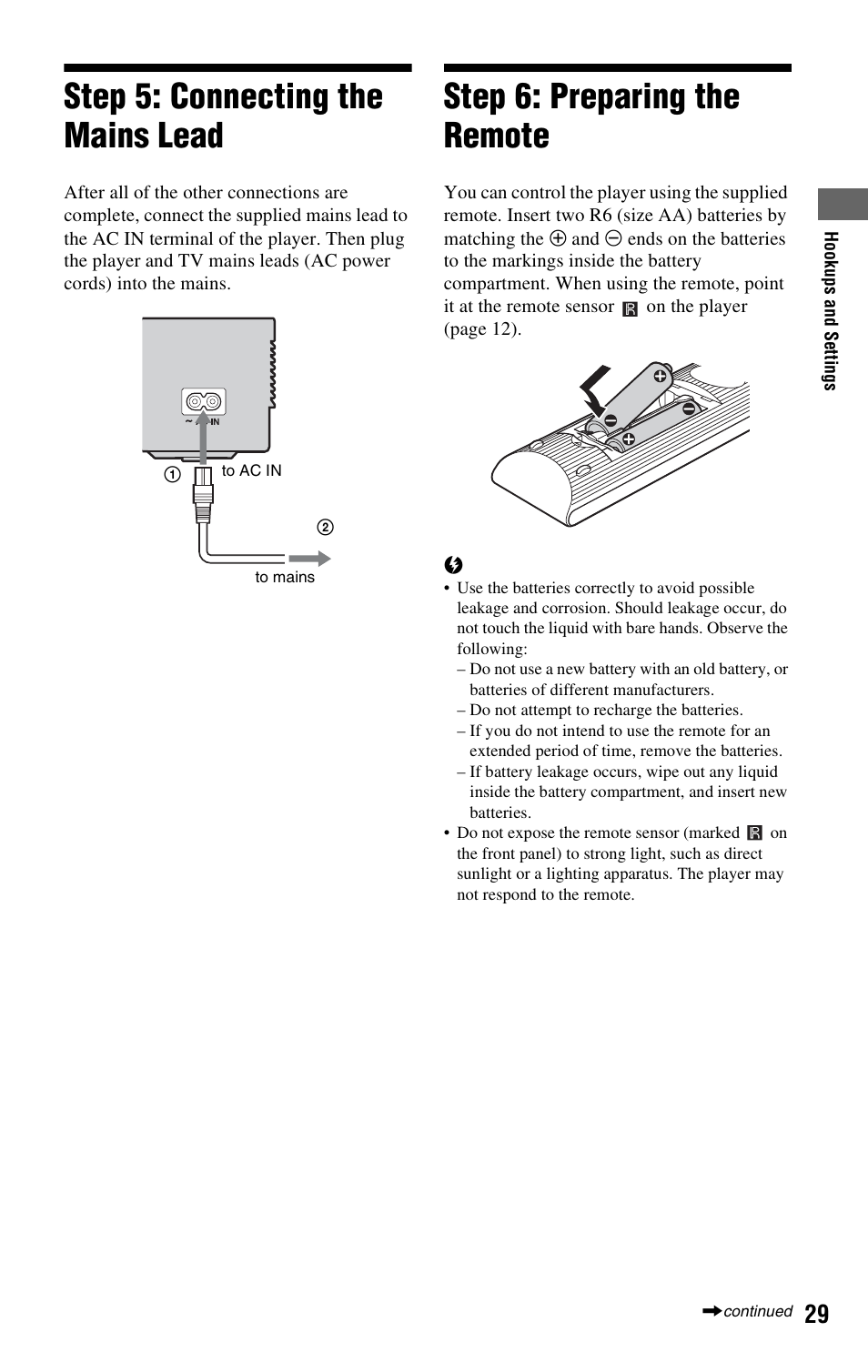 Step 5: connecting the mains lead, Step 6: preparing the remote | Sony BDP-S760 User Manual | Page 29 / 87