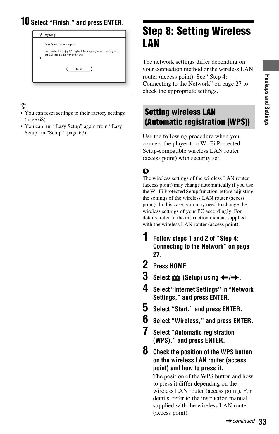 Step 8: setting wireless lan | Sony BDP-S760 User Manual | Page 33 / 87