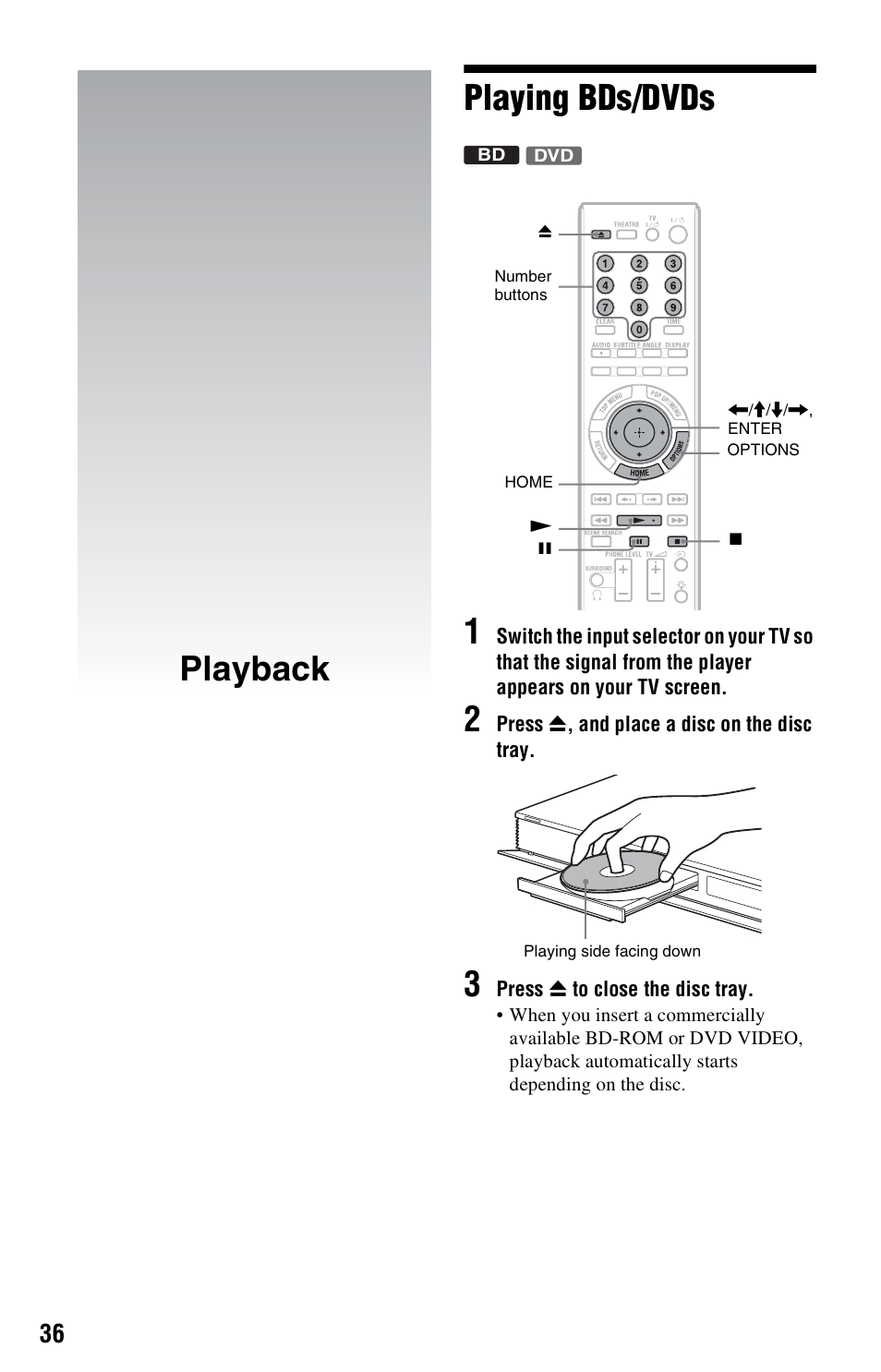 Playback, Playing bds/dvds, Playback playing bds/dvds 1 | Sony BDP-S760 User Manual | Page 36 / 87