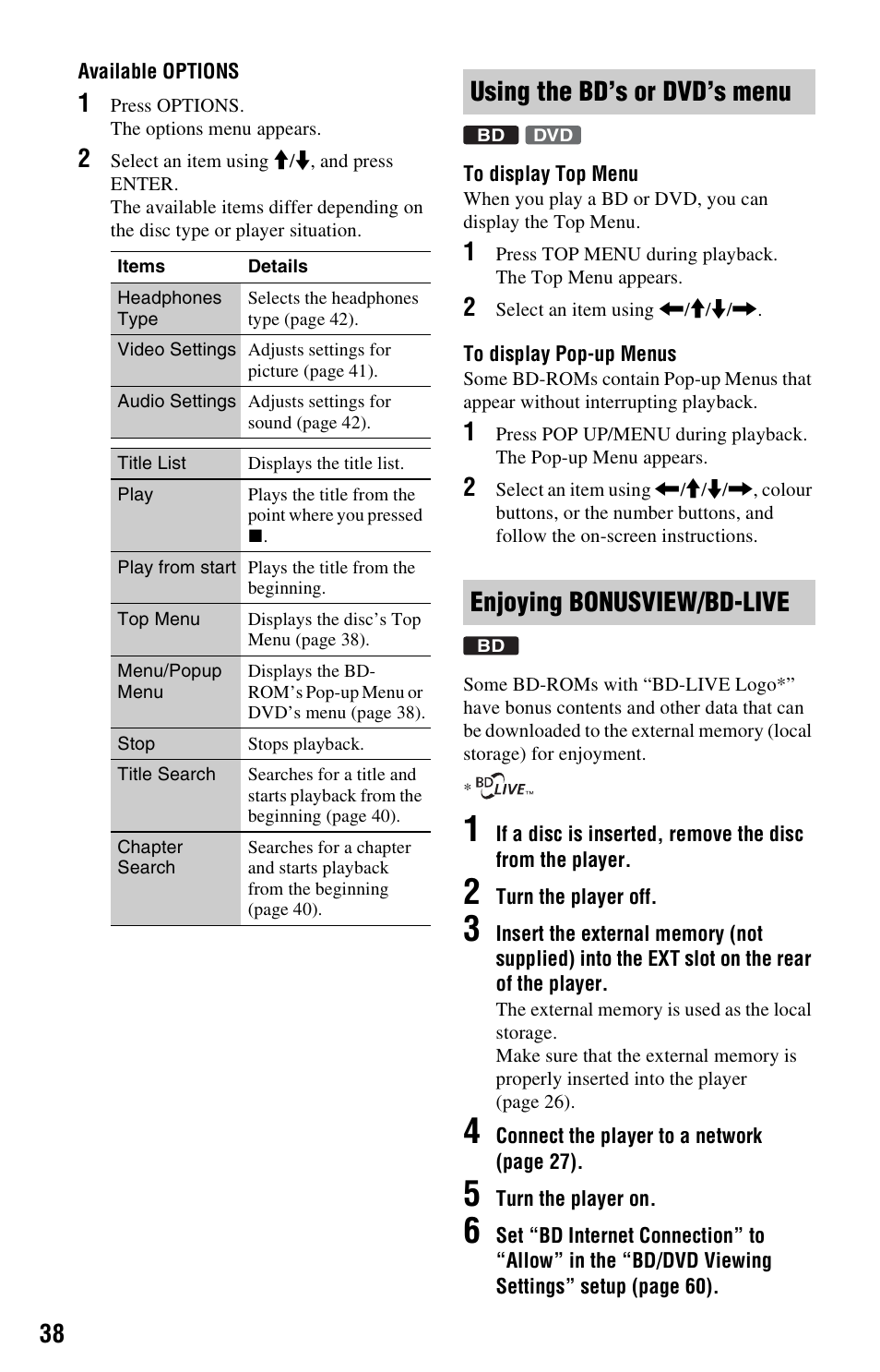 Using the bd’s or dvd’s menu, Enjoying bonusview/bd-live | Sony BDP-S760 User Manual | Page 38 / 87