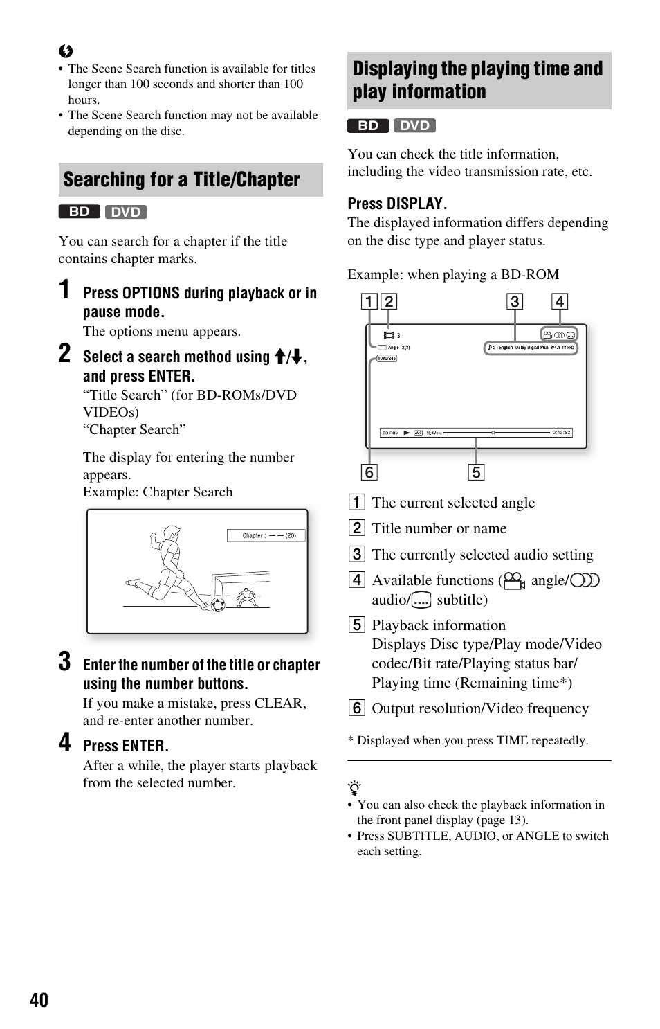 Searching for a title/chapter, Displaying the playing time and play information | Sony BDP-S760 User Manual | Page 40 / 87