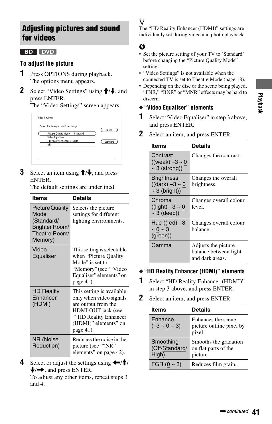 Adjusting pictures and sound for videos | Sony BDP-S760 User Manual | Page 41 / 87