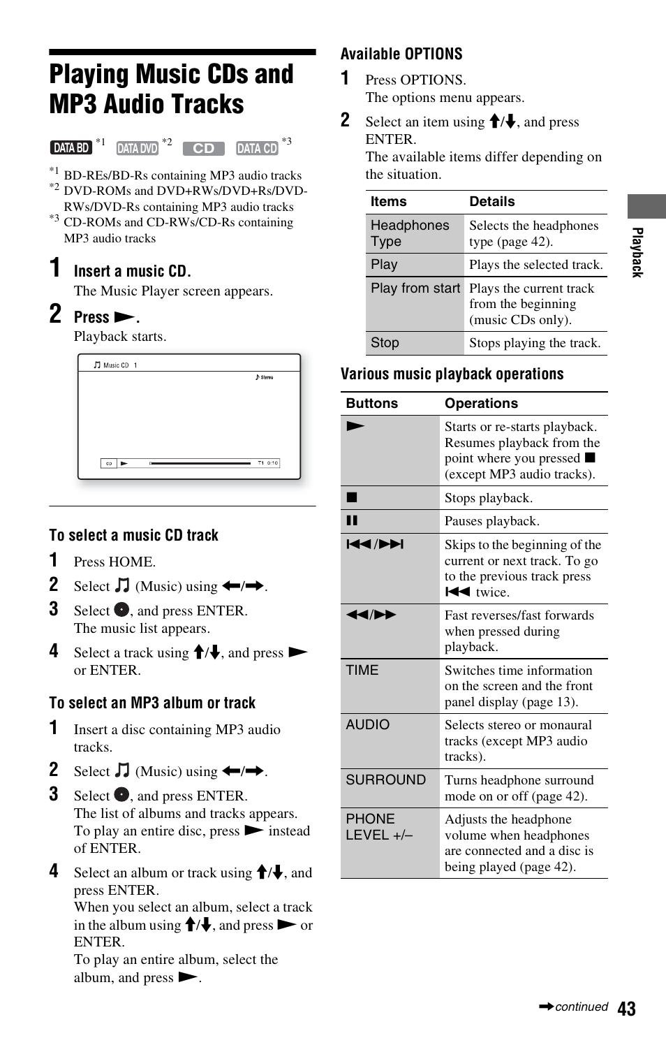 Playing music cds and mp3 audio tracks | Sony BDP-S760 User Manual | Page 43 / 87