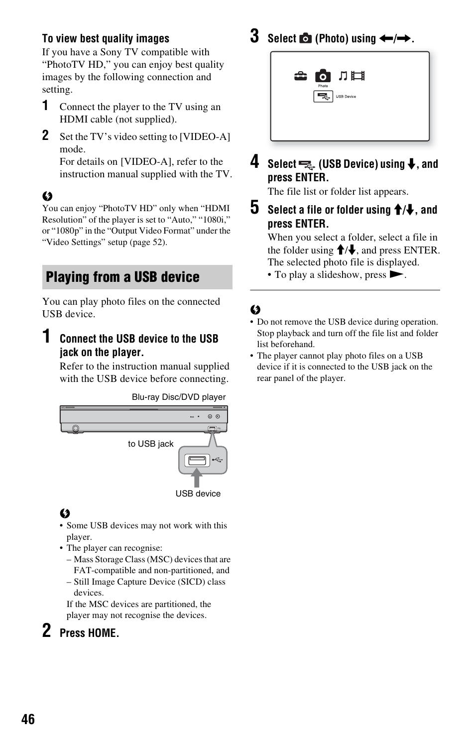 Playing from a usb device | Sony BDP-S760 User Manual | Page 46 / 87