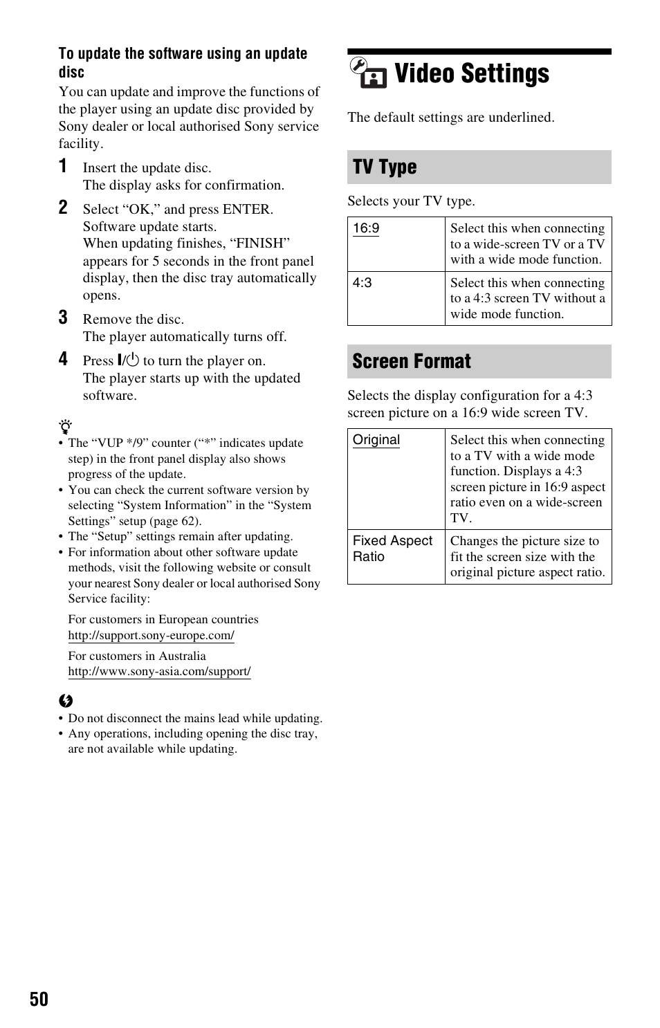 Video settings, Tv type, Screen format | Sony BDP-S760 User Manual | Page 50 / 87