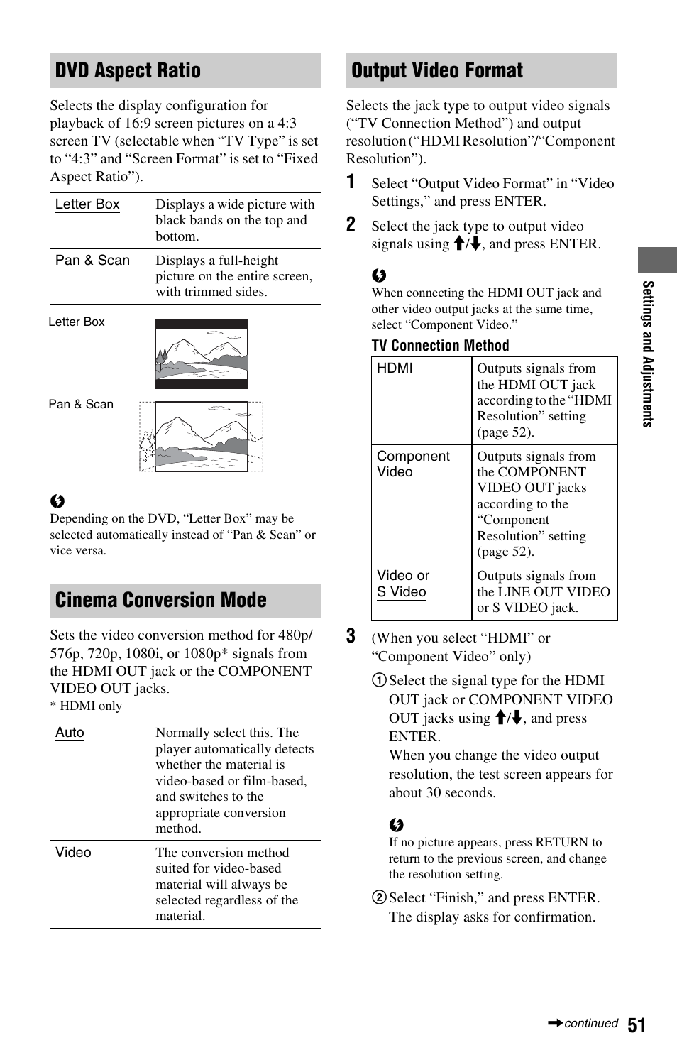 Dvd aspect ratio, Cinema conversion mode, Output video format | Sony BDP-S760 User Manual | Page 51 / 87
