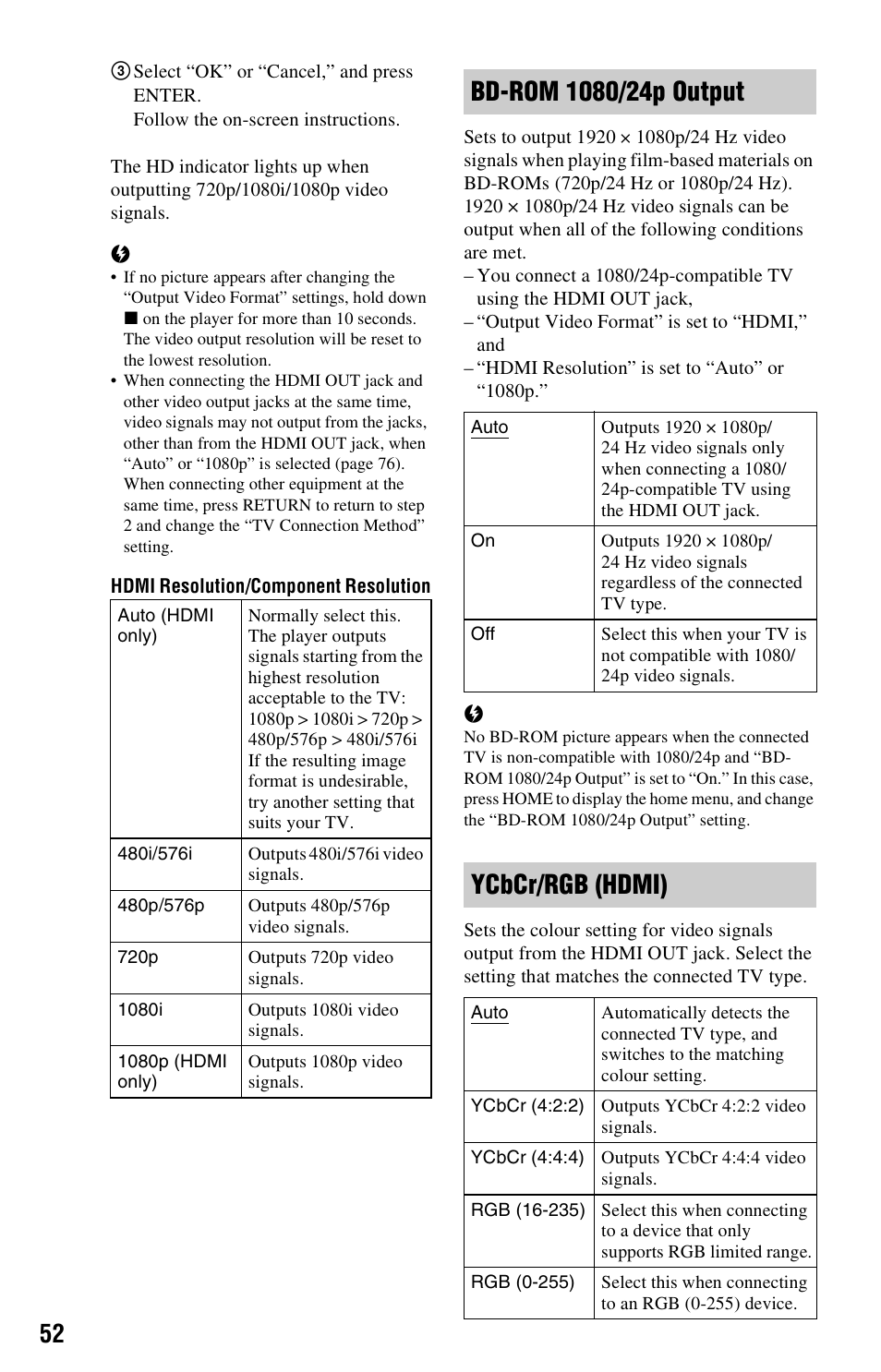 Ycbcr/rgb (hdmi) | Sony BDP-S760 User Manual | Page 52 / 87