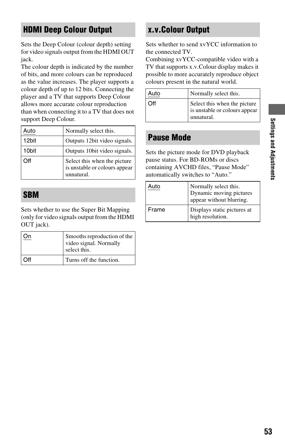 Hdmi deep colour output, X.v.colour output, Pause mode | Sony BDP-S760 User Manual | Page 53 / 87