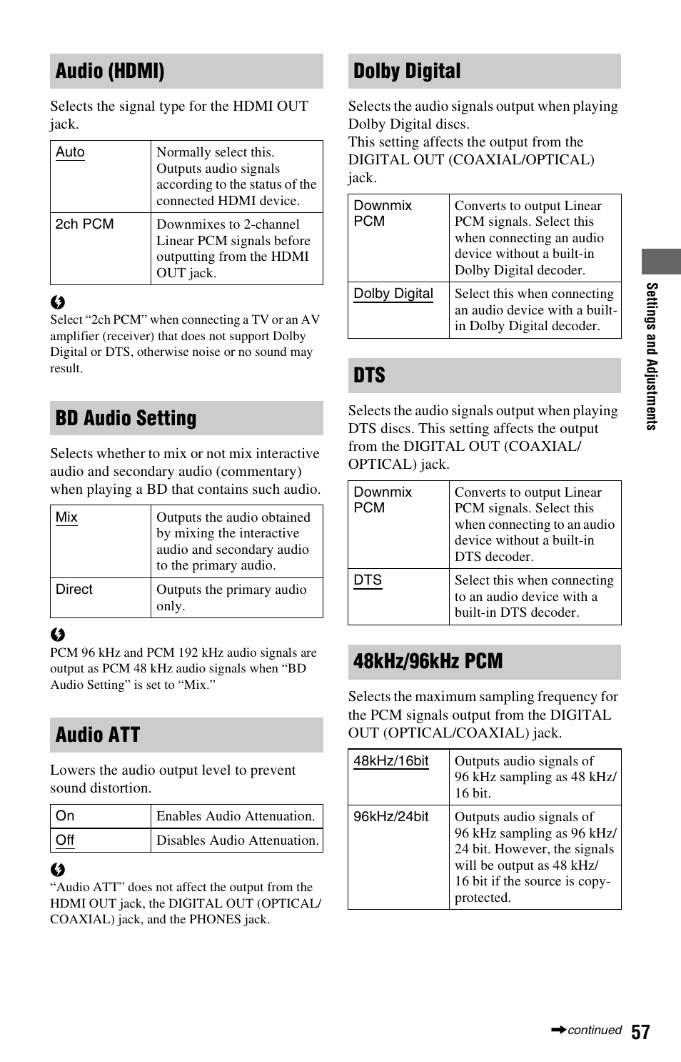 Audio (hdmi), Bd audio setting, Audio att | Dolby digital, 48khz/96khz pcm | Sony BDP-S760 User Manual | Page 57 / 87