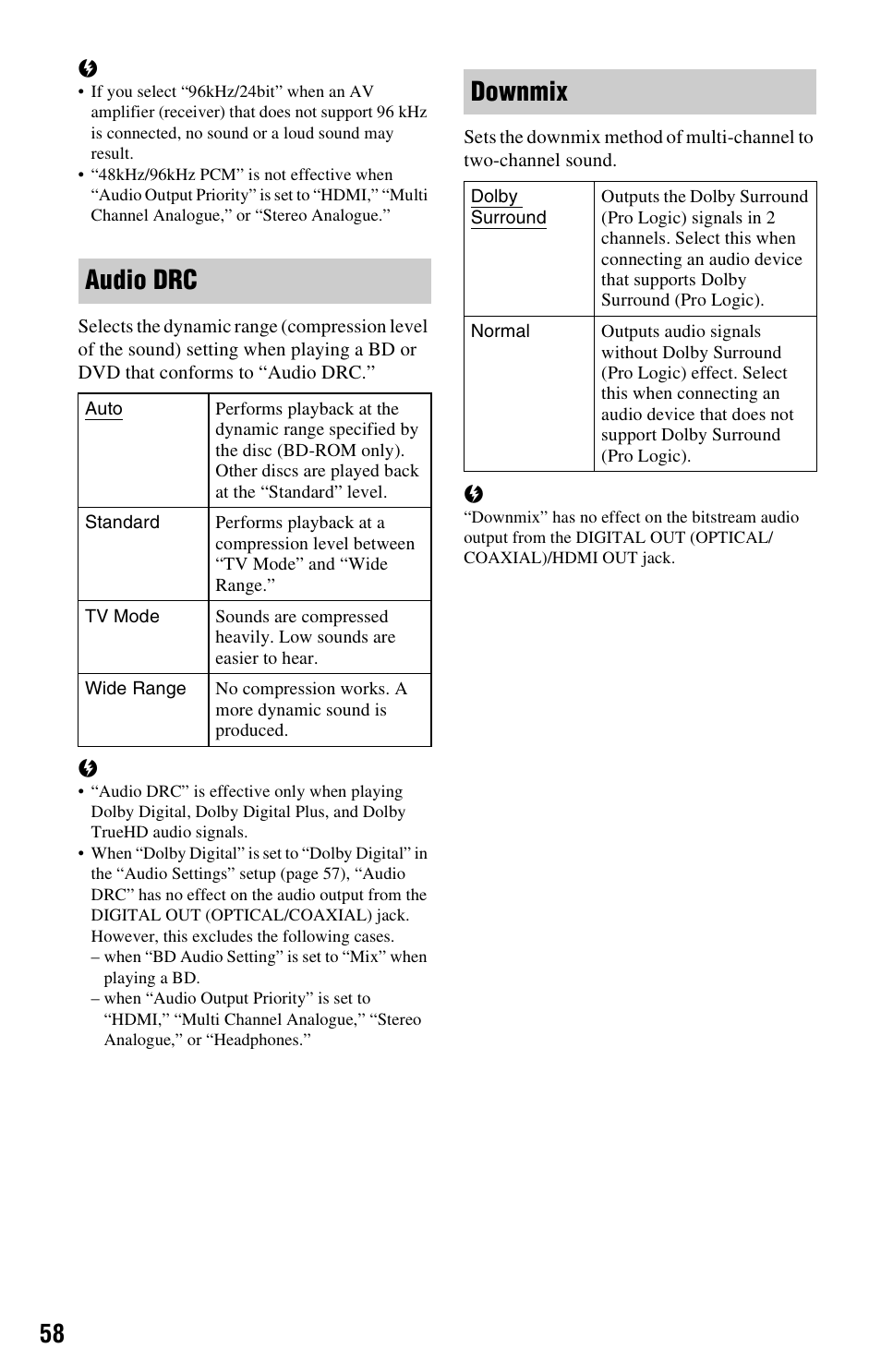 Audio drc, Downmix | Sony BDP-S760 User Manual | Page 58 / 87