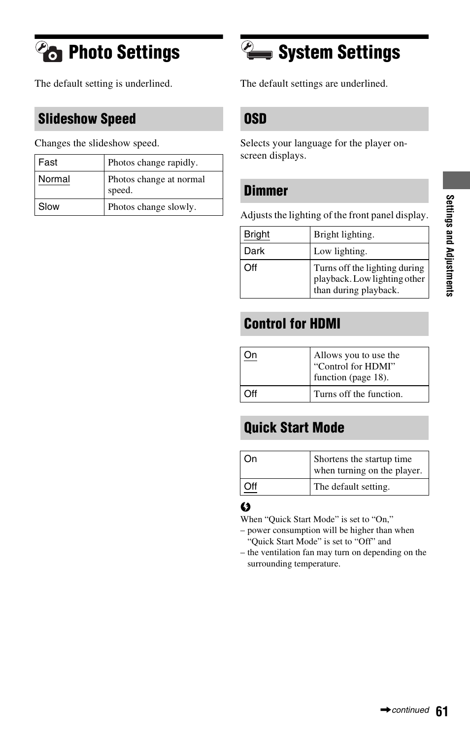 Photo settings, System settings, Photo settings system settings | Slideshow speed, Osd dimmer, Control for hdmi, Quick start mode | Sony BDP-S760 User Manual | Page 61 / 87