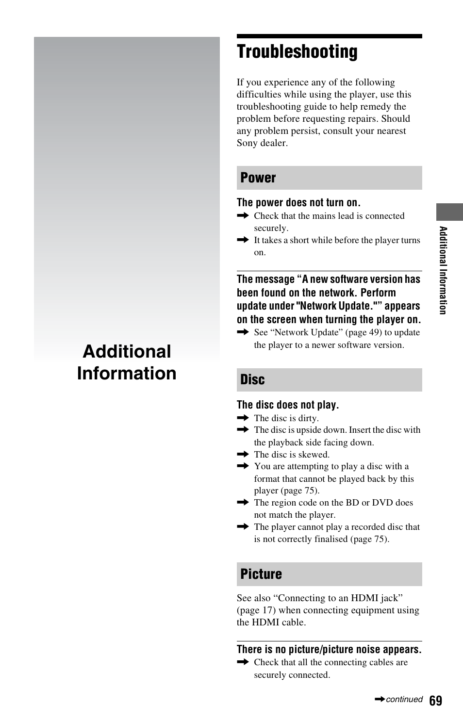 Additional information, Troubleshooting, Additional information troubleshooting | Power disc picture | Sony BDP-S760 User Manual | Page 69 / 87