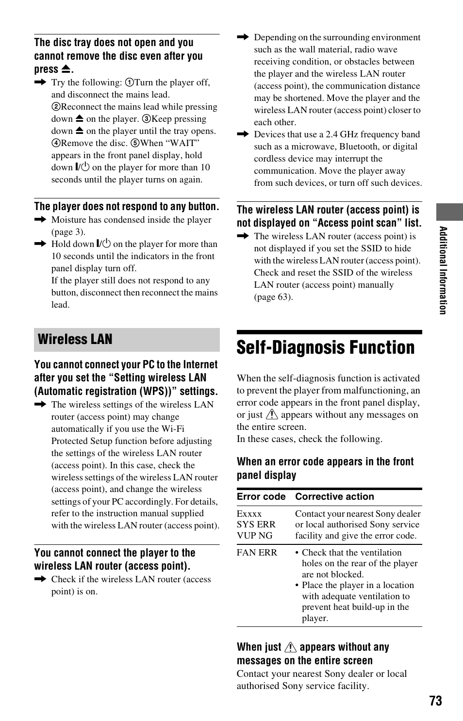 Self-diagnosis function, Wireless lan | Sony BDP-S760 User Manual | Page 73 / 87