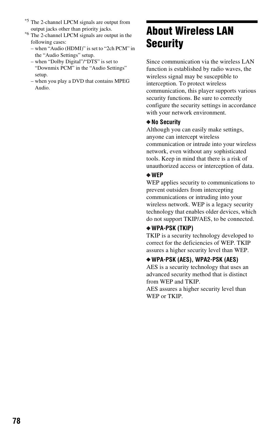 About wireless lan security, No security” on pa | Sony BDP-S760 User Manual | Page 78 / 87