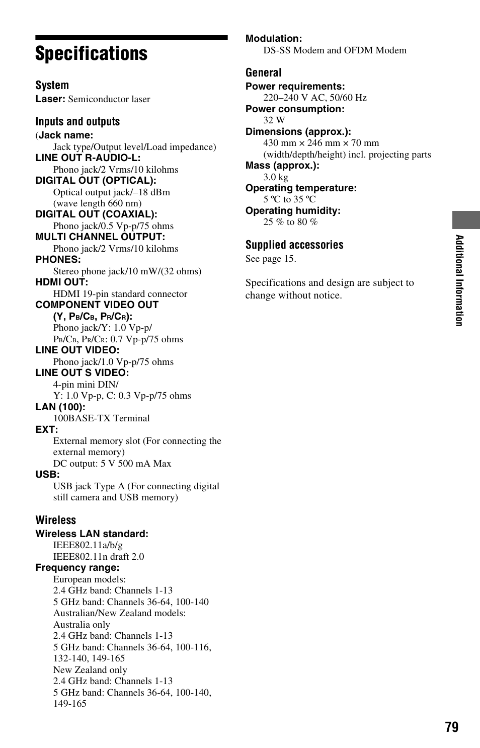 Specifications | Sony BDP-S760 User Manual | Page 79 / 87