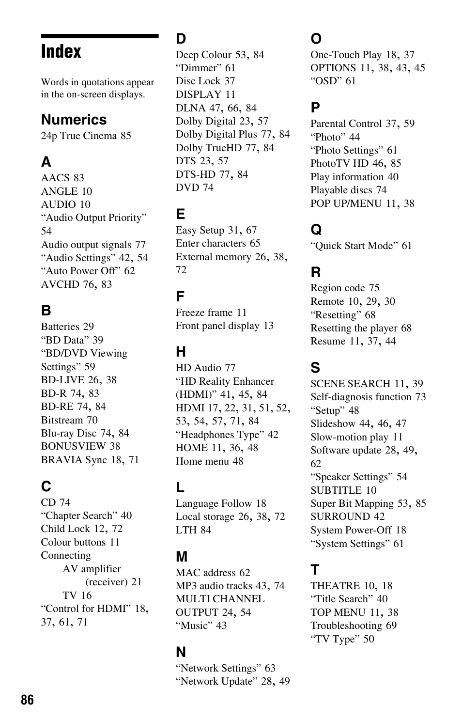 Index, Numerics | Sony BDP-S760 User Manual | Page 86 / 87