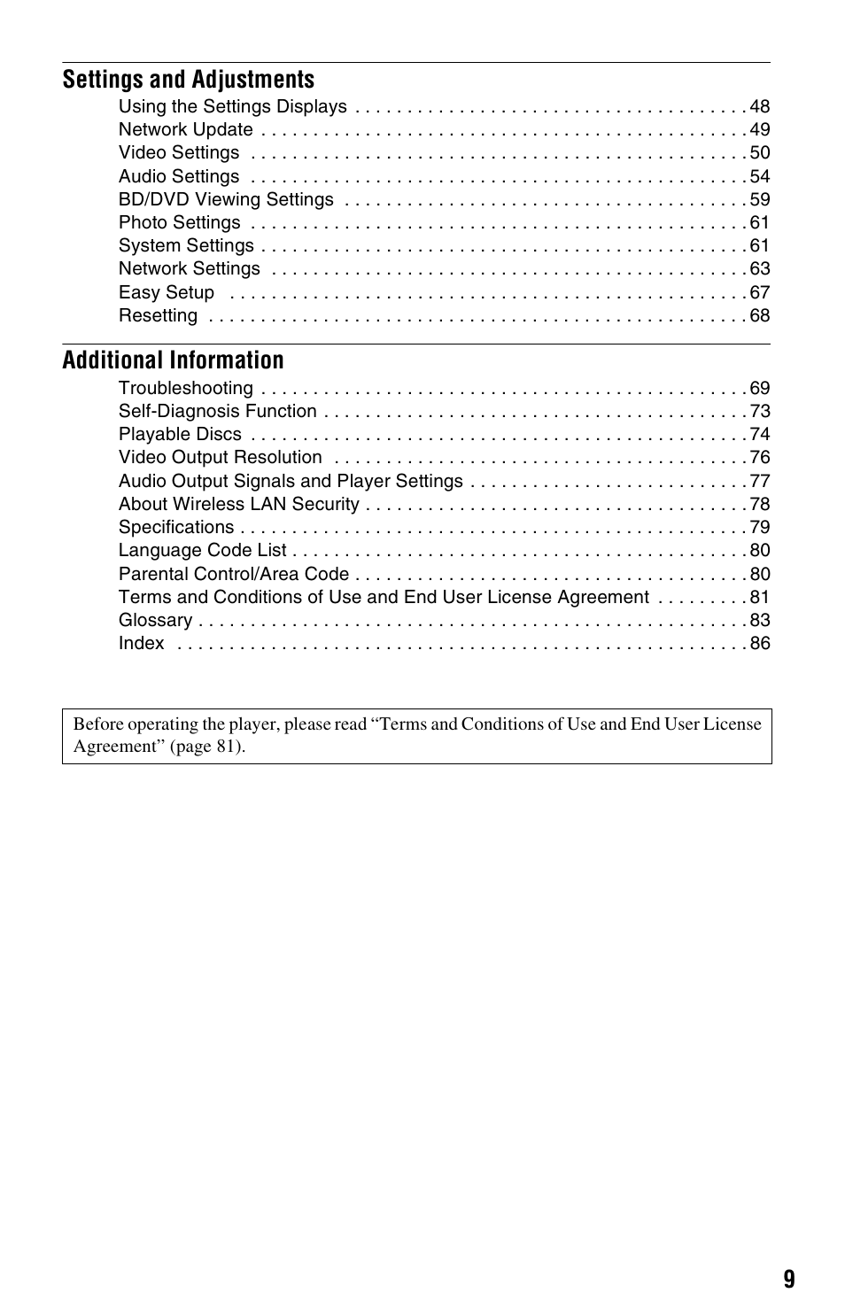 9settings and adjustments, Additional information | Sony BDP-S760 User Manual | Page 9 / 87