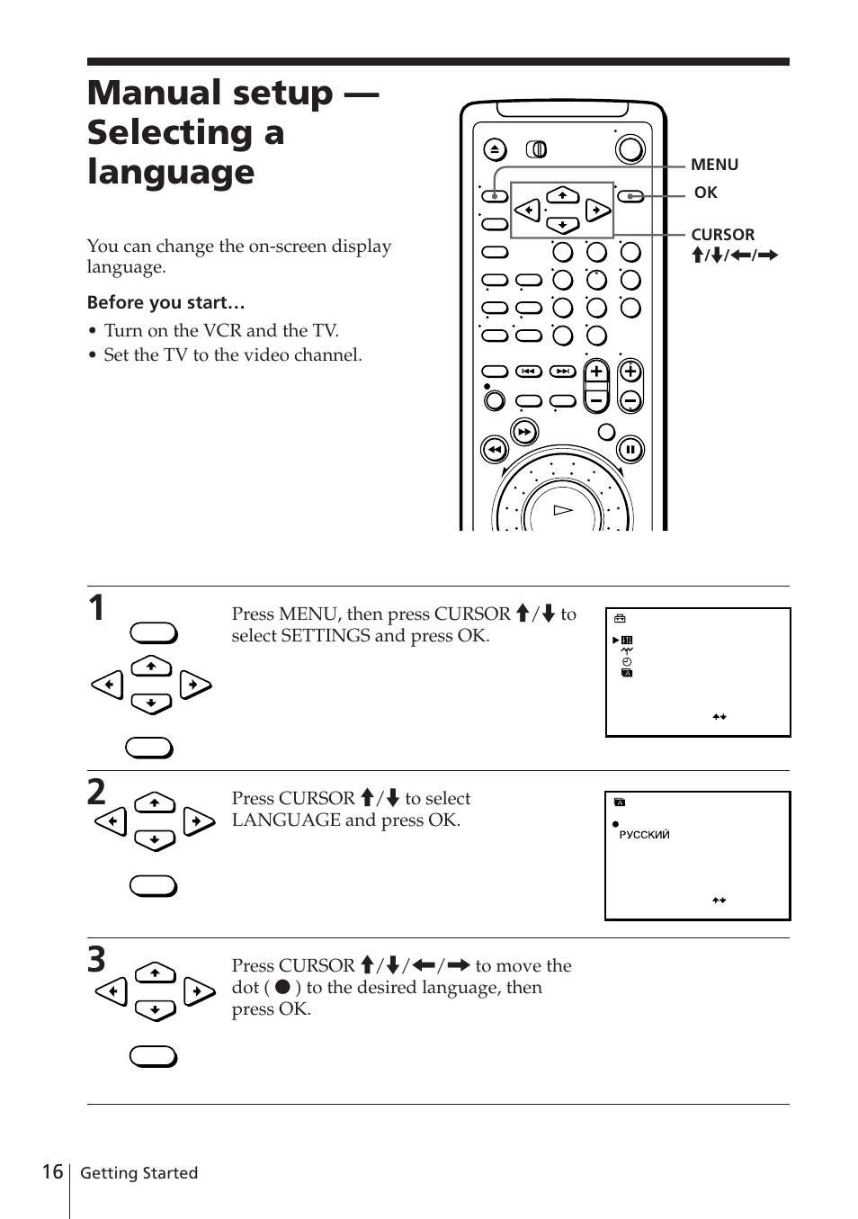 Manual setup — selecting a language | Sony SLV-E580EE User Manual | Page 16 / 56