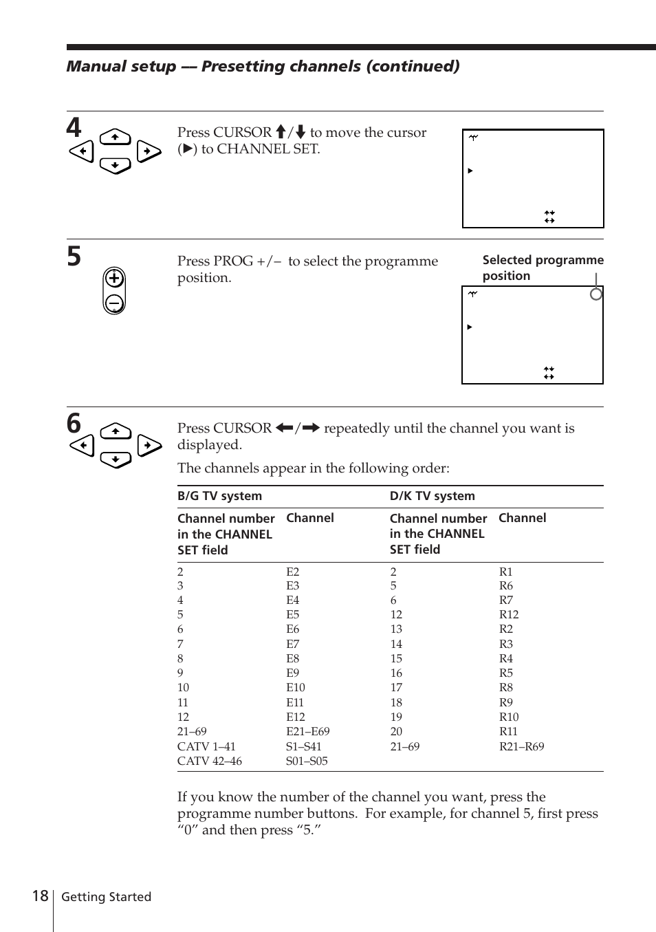 18 manual setup –– presetting channels (continued), Press prog +/– to select the programme position | Sony SLV-E580EE User Manual | Page 18 / 56