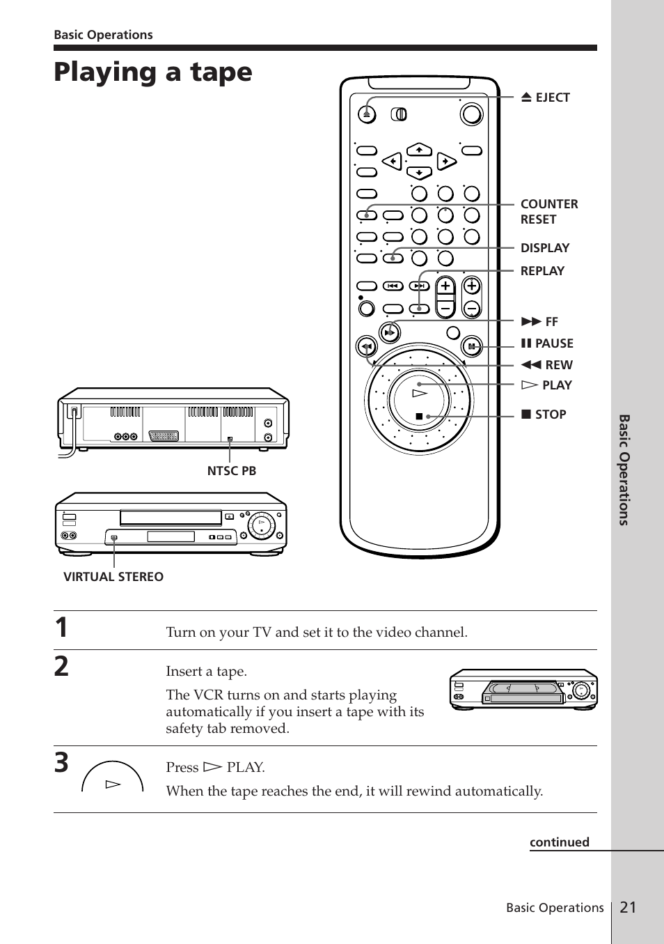 Playing a tape | Sony SLV-E580EE User Manual | Page 21 / 56