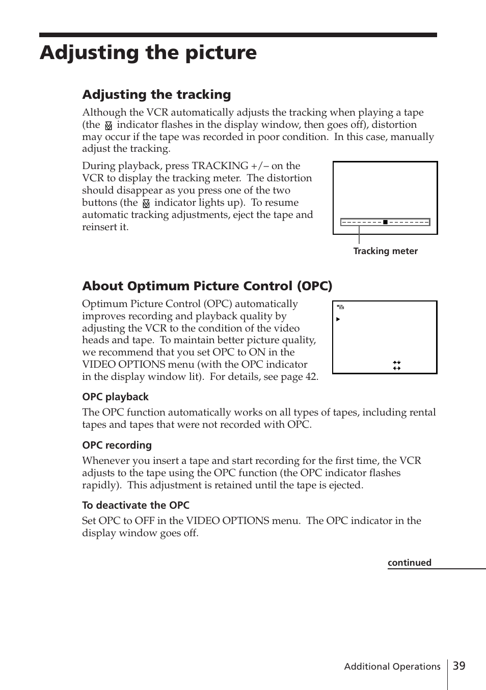 Adjusting the picture, Adjusting the tracking, About optimum picture control (opc) | Sony SLV-E580EE User Manual | Page 39 / 56