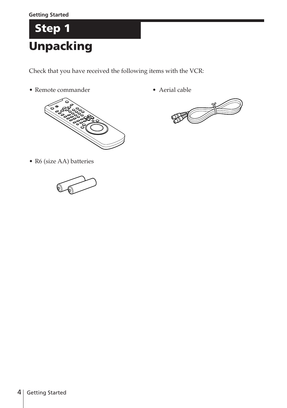 Unpacking, Step 1 | Sony SLV-E580EE User Manual | Page 4 / 56