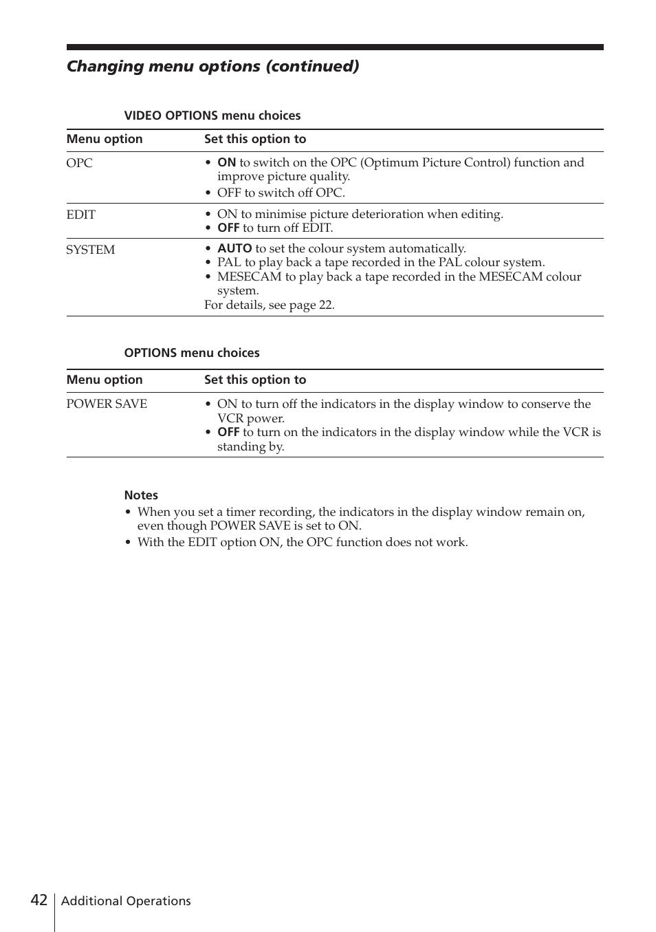 Changing menu options (continued) | Sony SLV-E580EE User Manual | Page 42 / 56