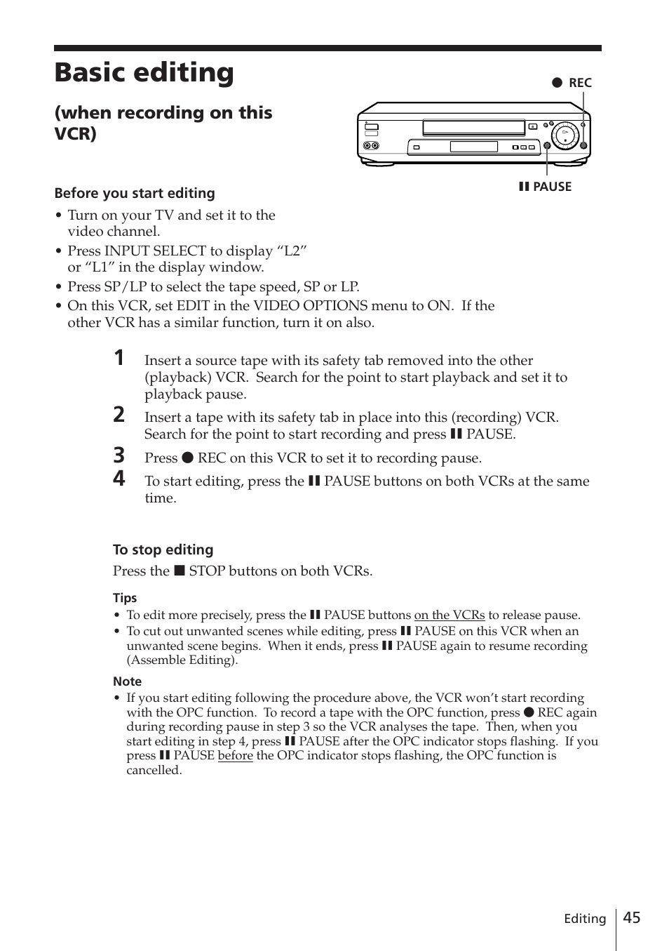 Basic editing | Sony SLV-E580EE User Manual | Page 45 / 56