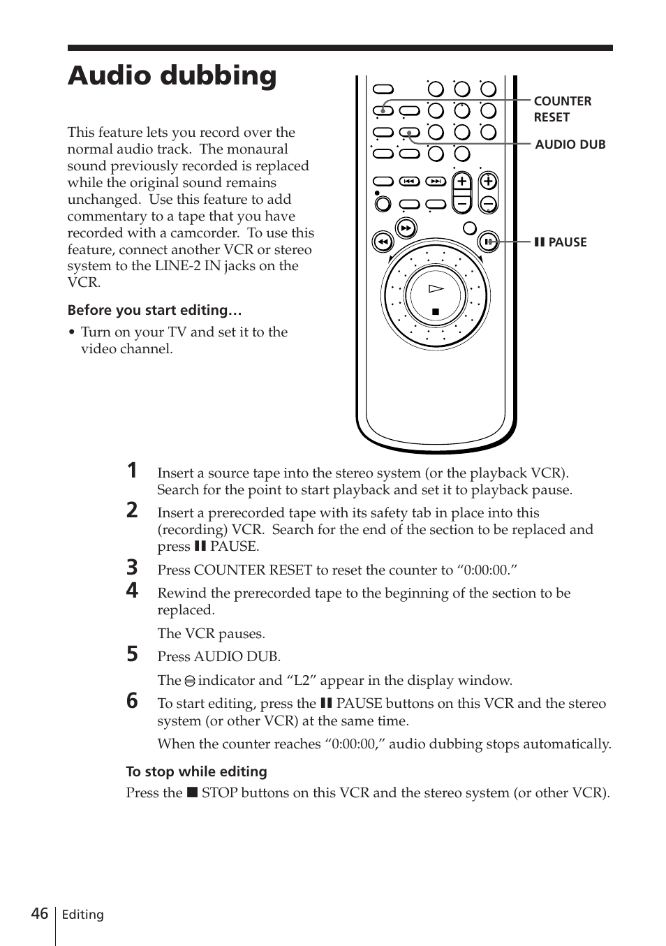 Audio dubbing | Sony SLV-E580EE User Manual | Page 46 / 56