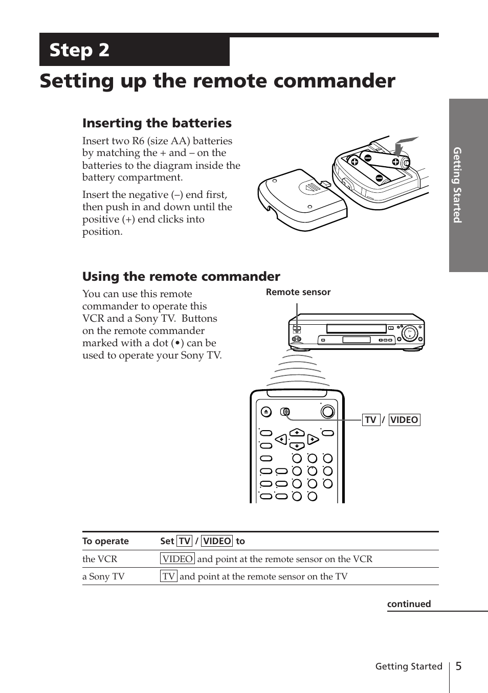 Setting up the remote commander, Step 2, Inserting the batteries | Using the remote commander | Sony SLV-E580EE User Manual | Page 5 / 56