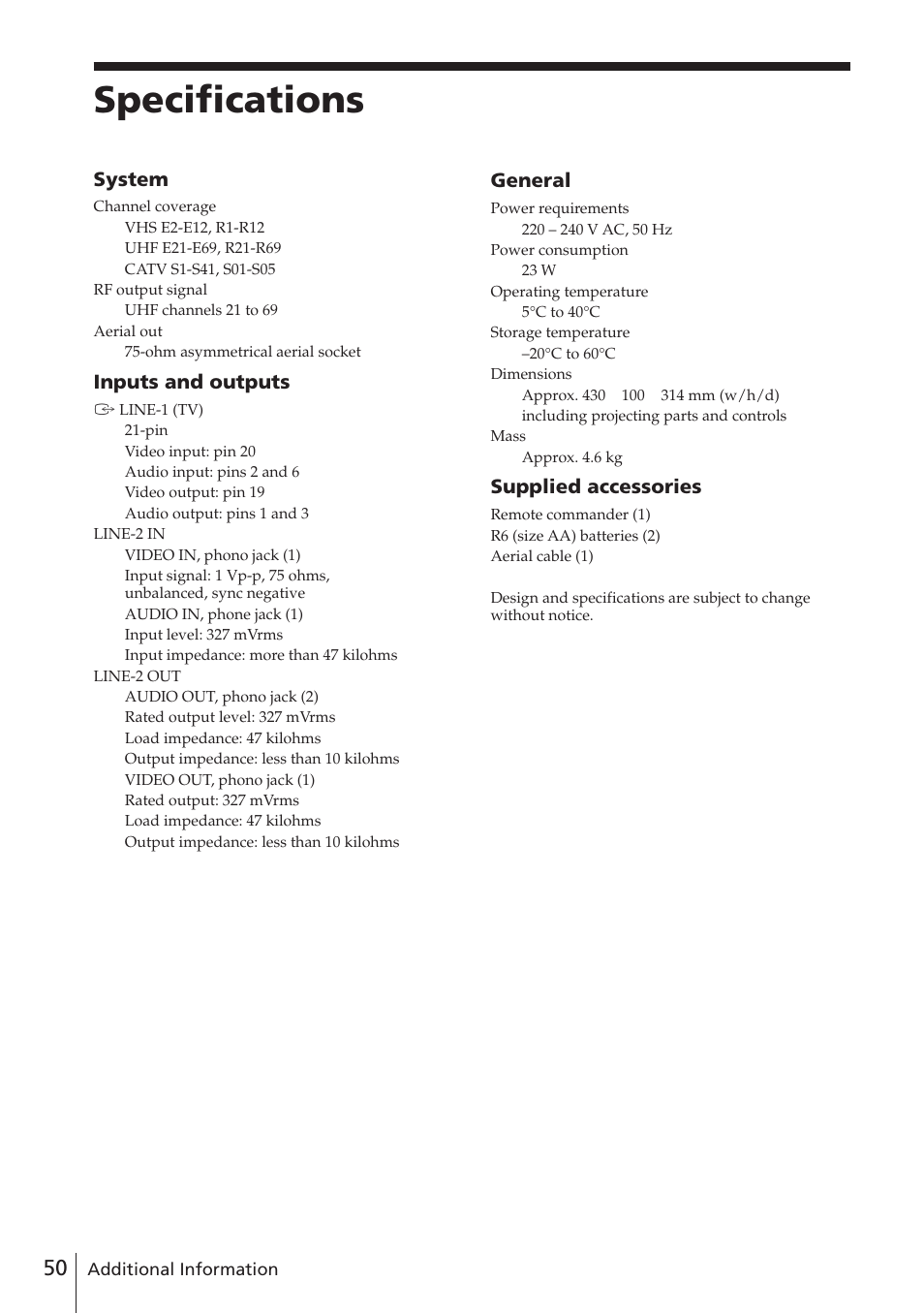 Specifications, System, Inputs and outputs | General, Supplied accessories | Sony SLV-E580EE User Manual | Page 50 / 56