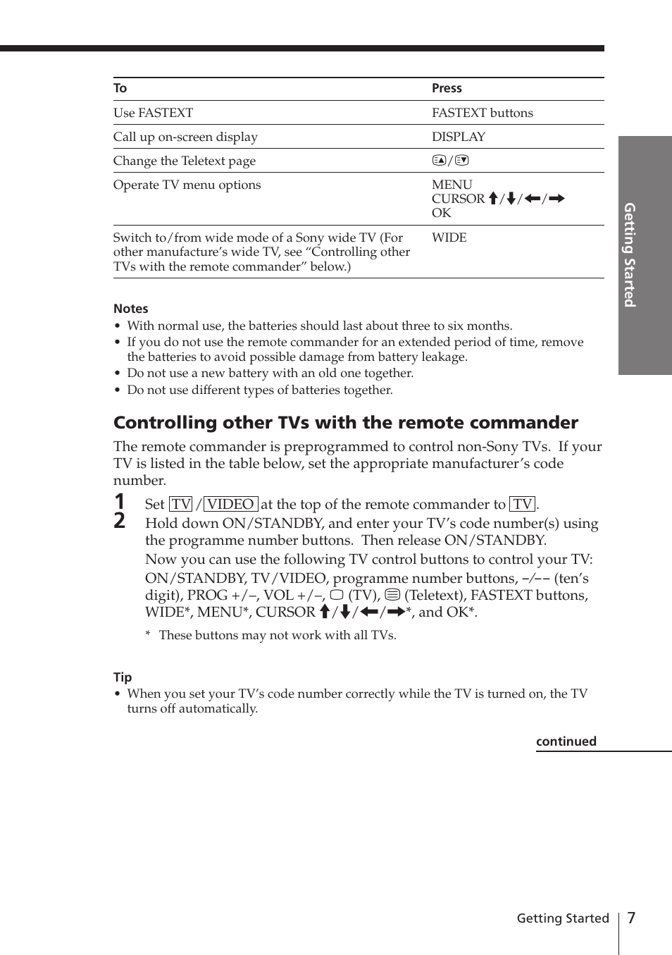 Controlling other tvs with the remote commander | Sony SLV-E580EE User Manual | Page 7 / 56