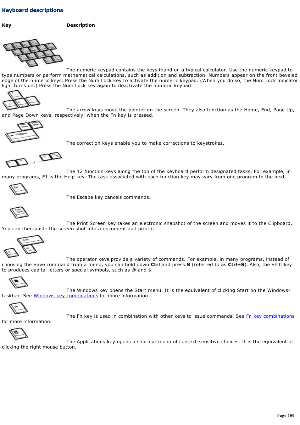 Keyboard descriptions | Sony VAIO computer User Manual | Page 100 / 190