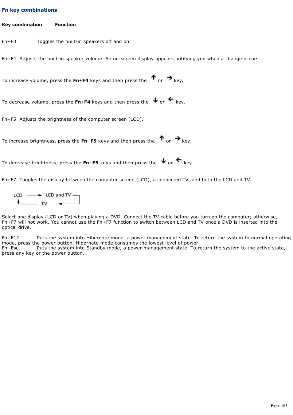 Fn key combinations | Sony VAIO computer User Manual | Page 103 / 190