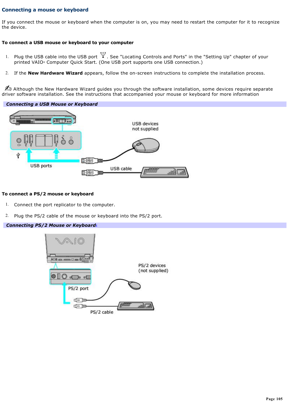 Connecting a mouse or keyboard | Sony VAIO computer User Manual | Page 105 / 190