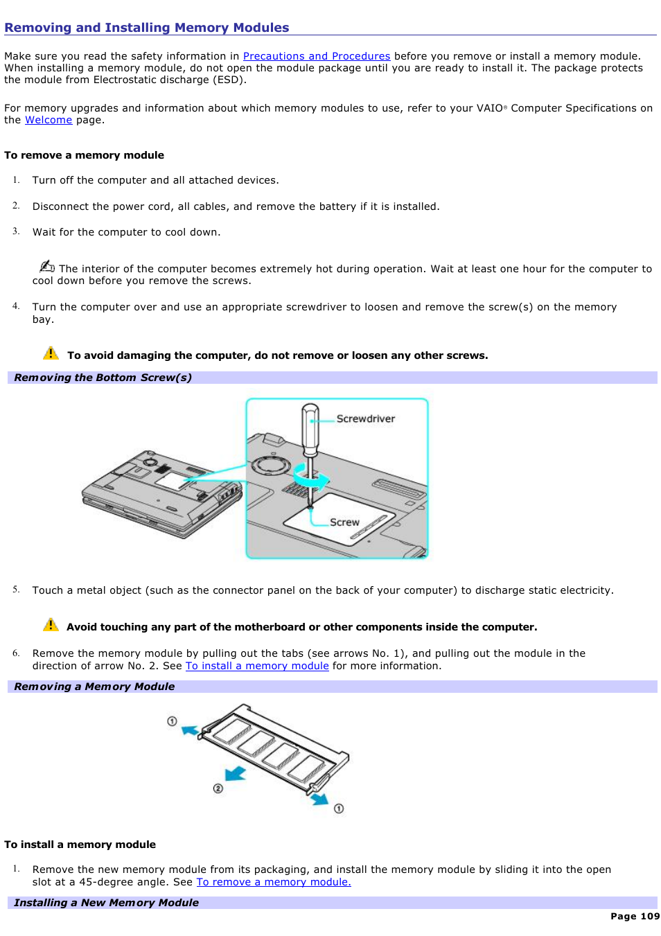 Removing and installing memory modules | Sony VAIO computer User Manual | Page 109 / 190