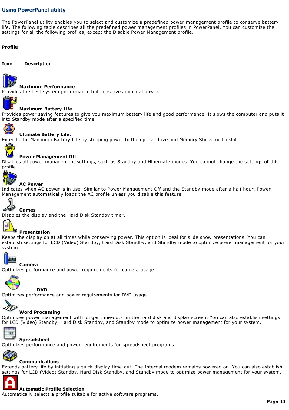 Using powerpanel utility | Sony VAIO computer User Manual | Page 11 / 190