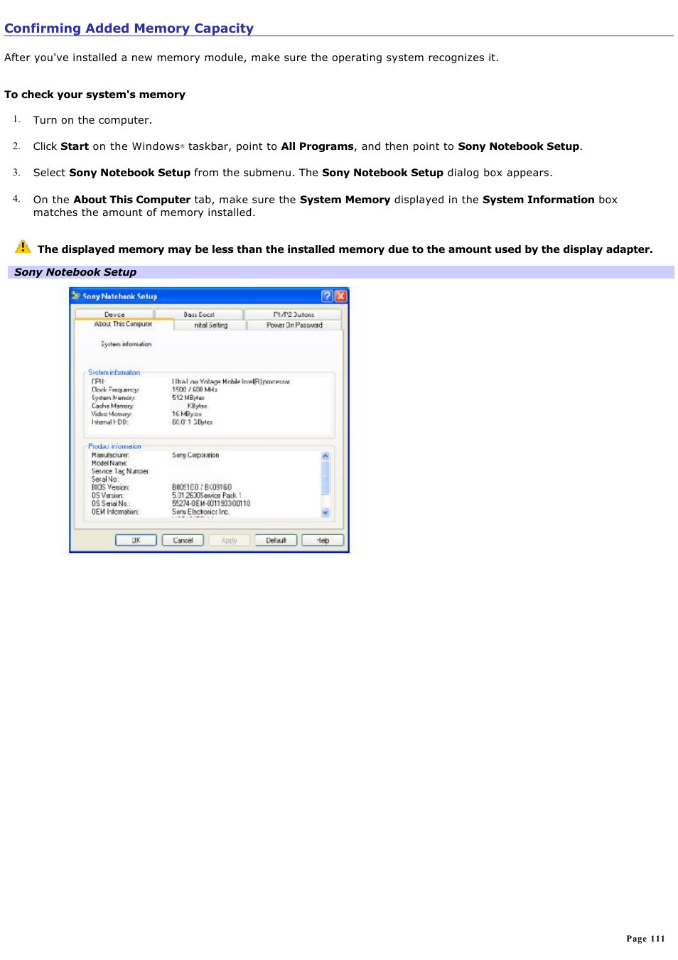 Confirming added memory capacity | Sony VAIO computer User Manual | Page 111 / 190