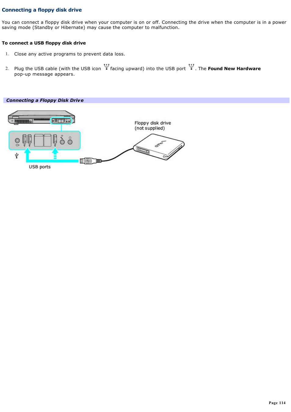 Connecting a floppy disk drive | Sony VAIO computer User Manual | Page 114 / 190