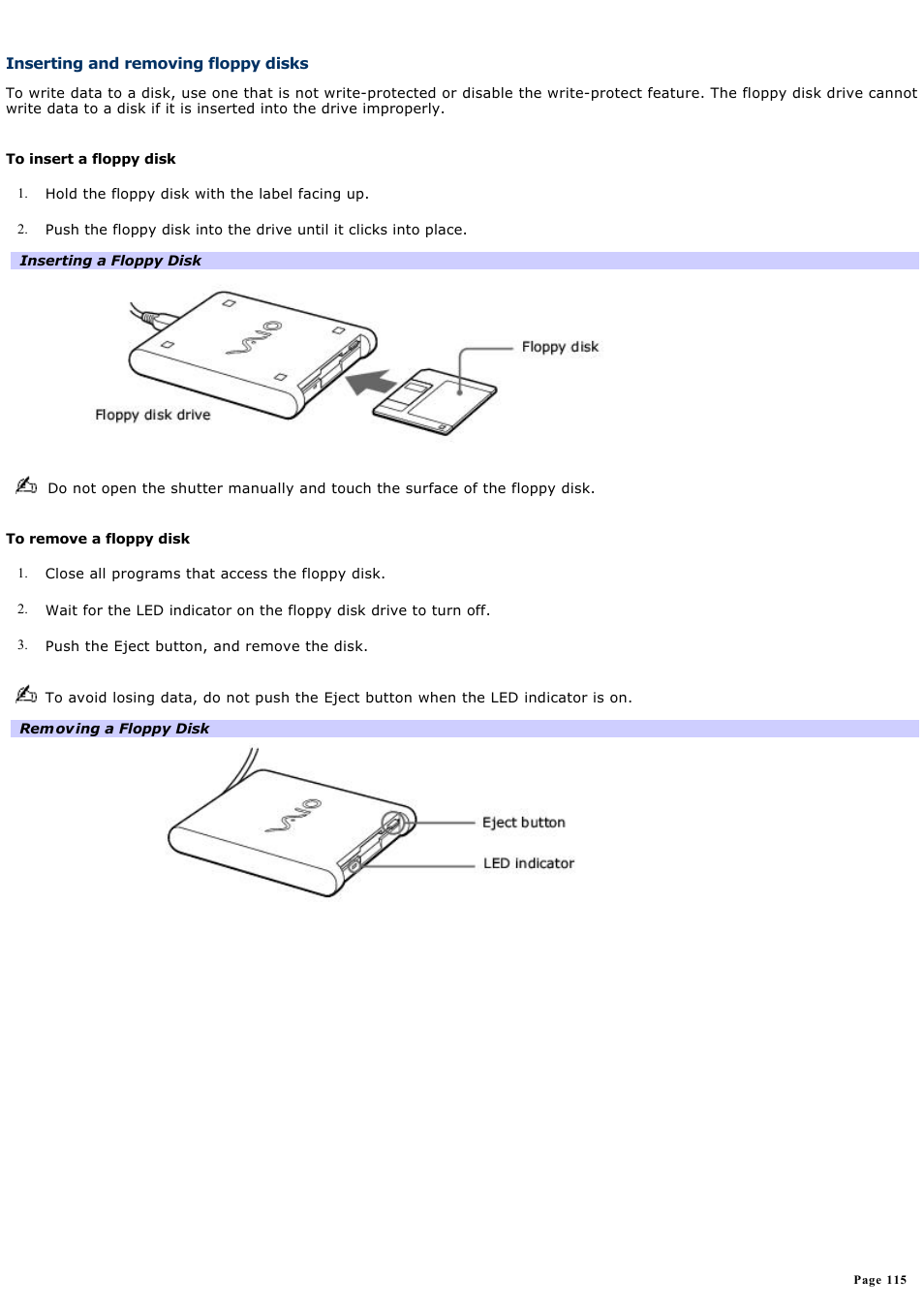 Inserting and removing floppy disks | Sony VAIO computer User Manual | Page 115 / 190