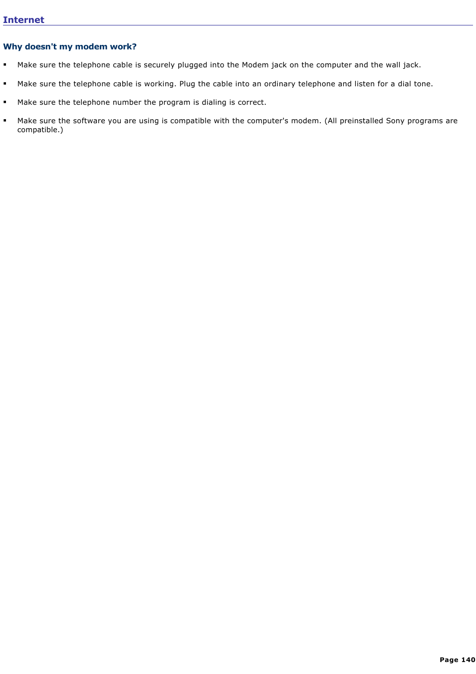 Why doesn't my modem work | Sony VAIO computer User Manual | Page 140 / 190