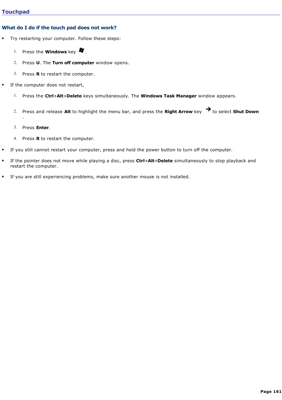What do i do if the touch pad does not work | Sony VAIO computer User Manual | Page 161 / 190
