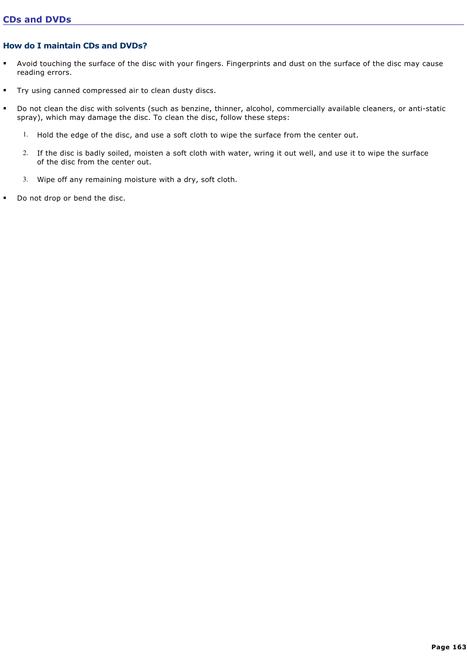 How do i maintain cds and dvds | Sony VAIO computer User Manual | Page 163 / 190