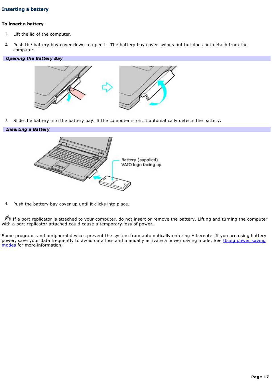 Inserting a battery | Sony VAIO computer User Manual | Page 17 / 190