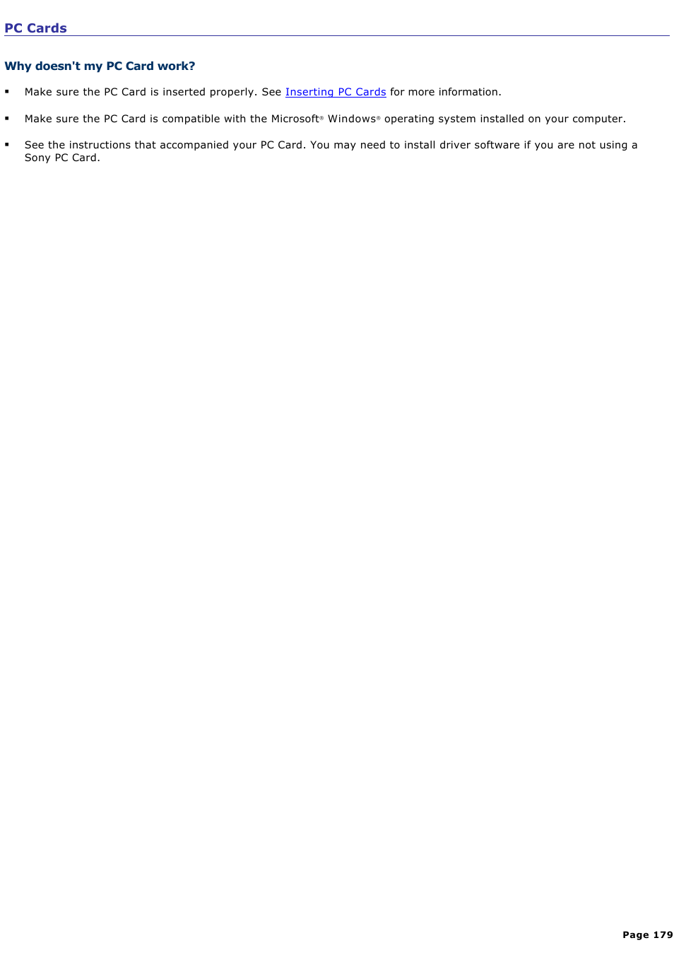 Why doesn't my pc card work, Pc cards | Sony VAIO computer User Manual | Page 179 / 190